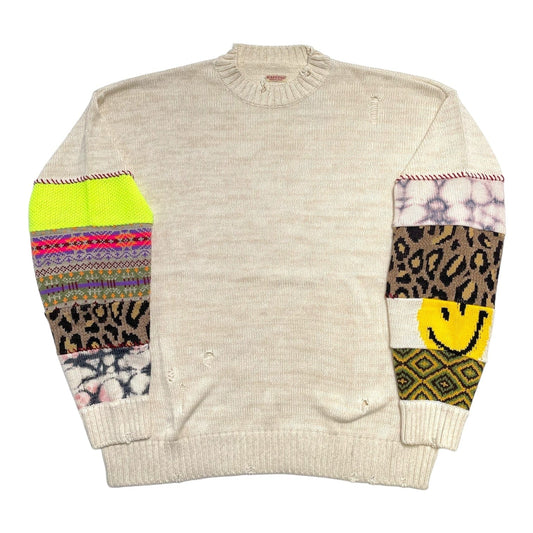 Kapital Hippie Sleeve Distressed Knit Sweater Ecru